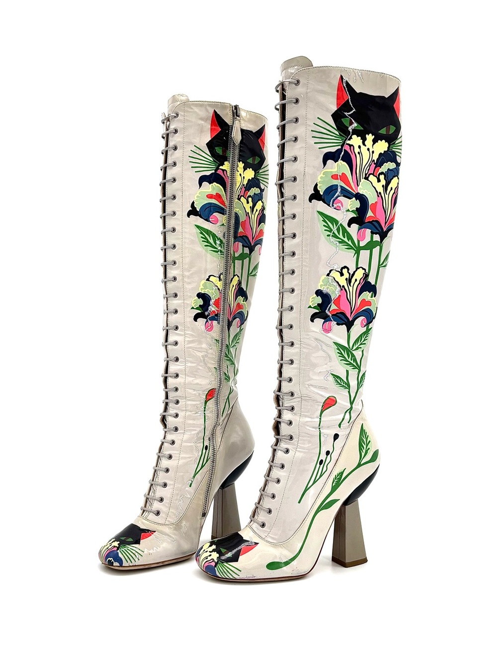 Miu Miu SS2014 Runway Cat Floral Print Patent Lace Up Knee High Boots 37